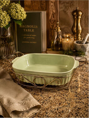 Vintage Sage Green Ceramic Baking Dish with Gold Tone Carrier | 1983 Oven to Tab
